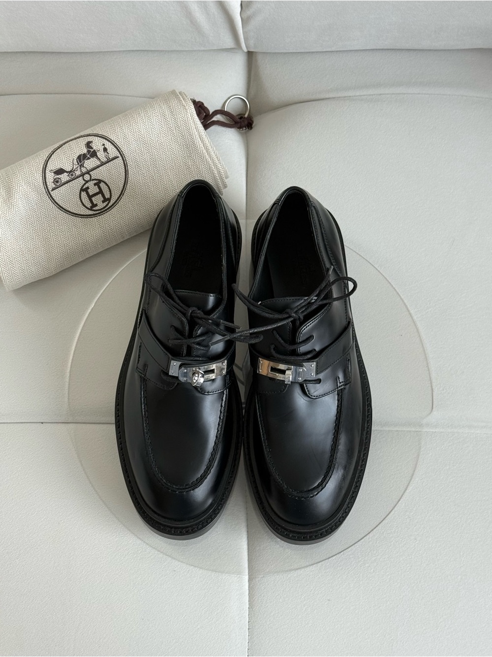 Hermes Black Leather Kelly Loafers with Silver Buckle Hardware RETAILS $1850